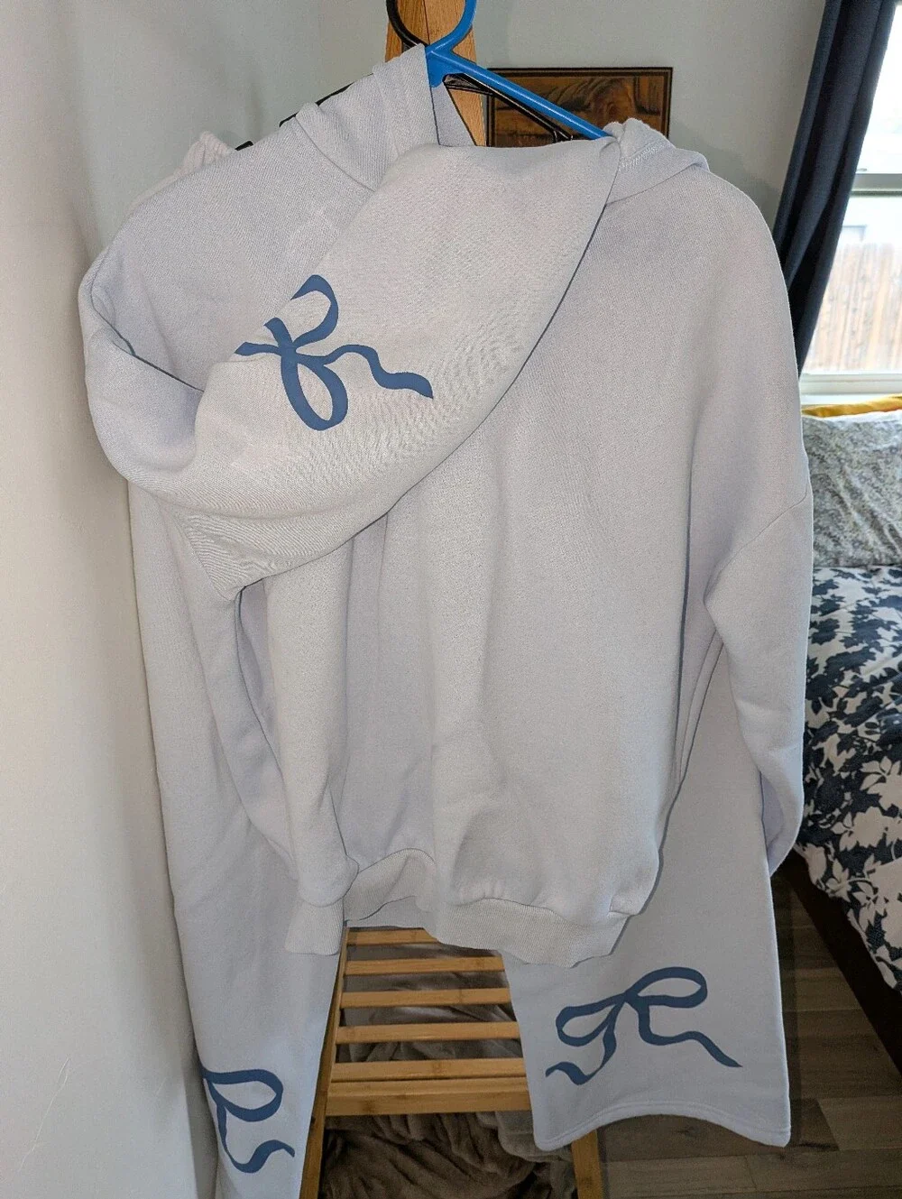 Edickted Light Blue Hooded Sweatshirt with Blue Ribbon Accents, Set Sz S